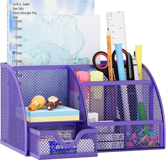 EasyPAG Mesh Desk Organizer with Drawer Multi-functional Pen Holder Stationery Organizer for Office School Supplies 6 Compartments Dorm Organizers and Storage for Desk, Purple by EasyPAG