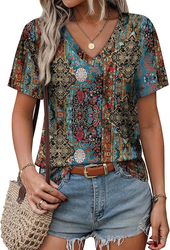 Alaroo Womens Summer Tops 2026 V Neck Short Sleeve Shirts Trendy Dressy Casual Vacation Outfits Printed - Image 3