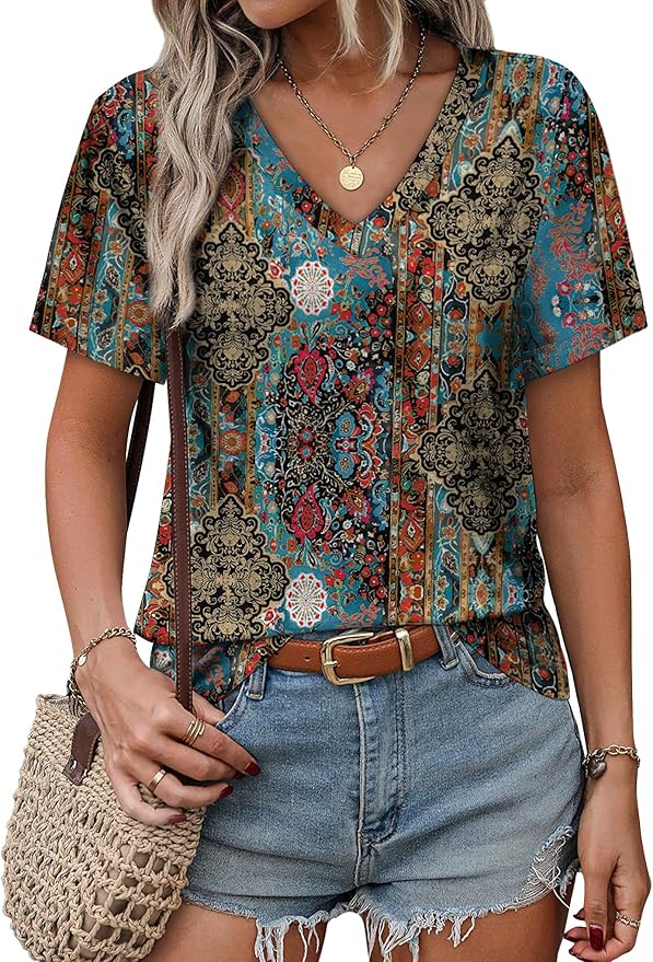 Alaroo Womens Summer Tops 2026 V Neck Short Sleeve Shirts Trendy Dressy Casual Vacation Outfits Printed - Image 3
