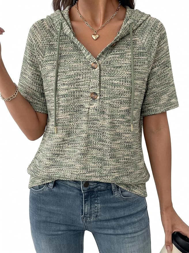 Dokotoo Womens Summer Tops 2026 Short Sleeve Button V Neck Waffle Knit Lightweight Drawstring Hoodies Casual Blouses Shirts by Dokotoo