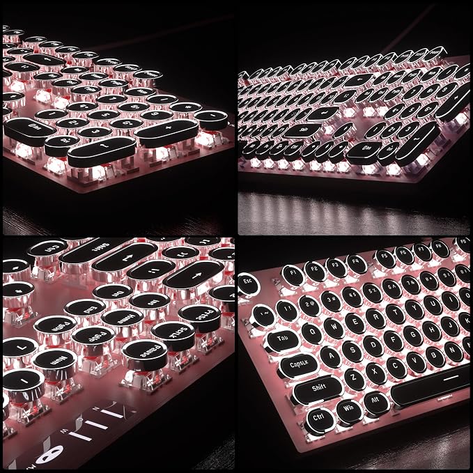 Retro Pink Typewriter-Style Keyboard and Mouse Combo, Cute Light Up Wired Mechanical Keyboard with Linear Red Switches, Full Size for Gaming, Work, Mac, PC, Windows - Image 4