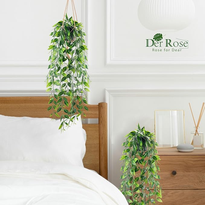 Der Rose 2 Pack Fake Hanging Plants Small Artificial Plants Faux Pea Pod Plants Indoor for Aesthetic Living Room Office Shelf Decor - Image 2