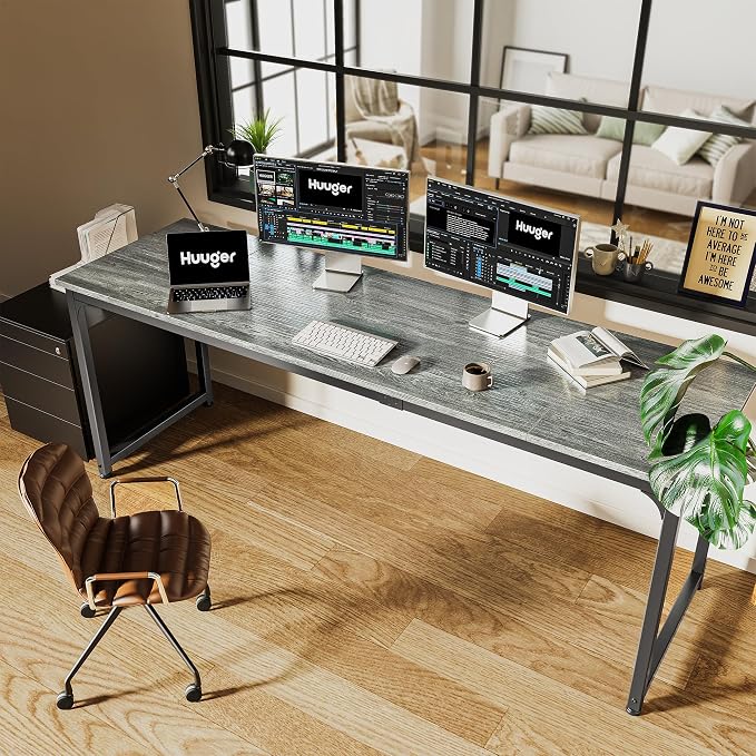 Huuger Computer Desk, 80 Inch Office Desk, Gaming Desk with Storage, Writing Desk Work Desk for Home Office, Study, Long Simple Desk, Large Legroom, Metal Frame, Grey - Image 6