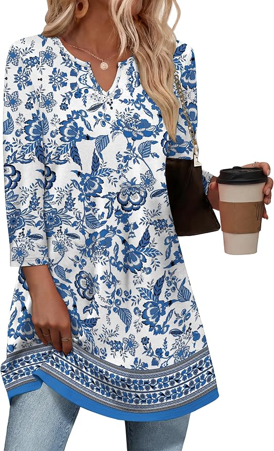 OFEEFAN Summer Boho Tops For Women 3/4 Length Sleeve Womens Tops Vacation Outfits - Image 2