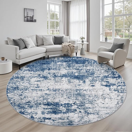 Round Area Rug for Living Room: 8 ft Washable Modern Abstract Soft Thin Rug Indoor Floor No Slip Stain Resistant Carpet for Bedroom Dining Room Farmhouse Nursery Home Office - Blue by FXRHLP