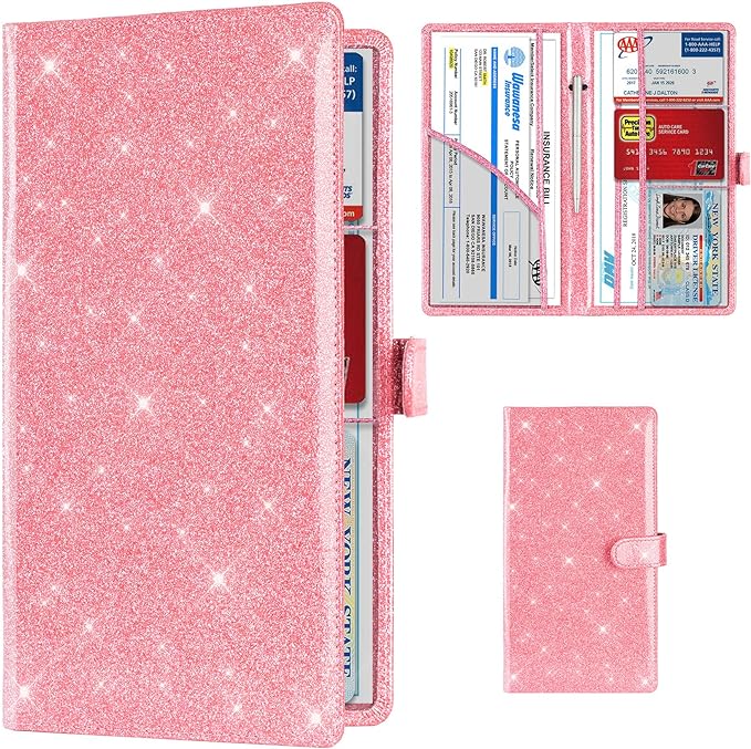 TOURSUIT Car Registration and Insurance Card Holder, Glitter Pink | Vehicle License Document Organizer, Glove Box Compartment, Interior Car Accessories, For Women Men by TOURSUIT