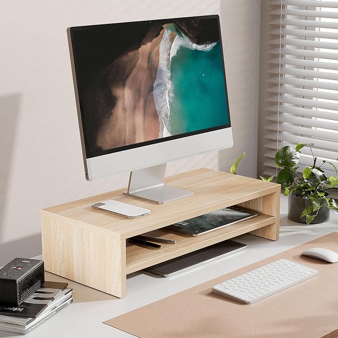 FITUEYES Monitor Stand - 2 Tier Computer Monitor Riser with 21.3 Inch Shelf, Wood Desktop Stand for Laptop Computer Screen, Desk Organization, Office Supplies - Image 2