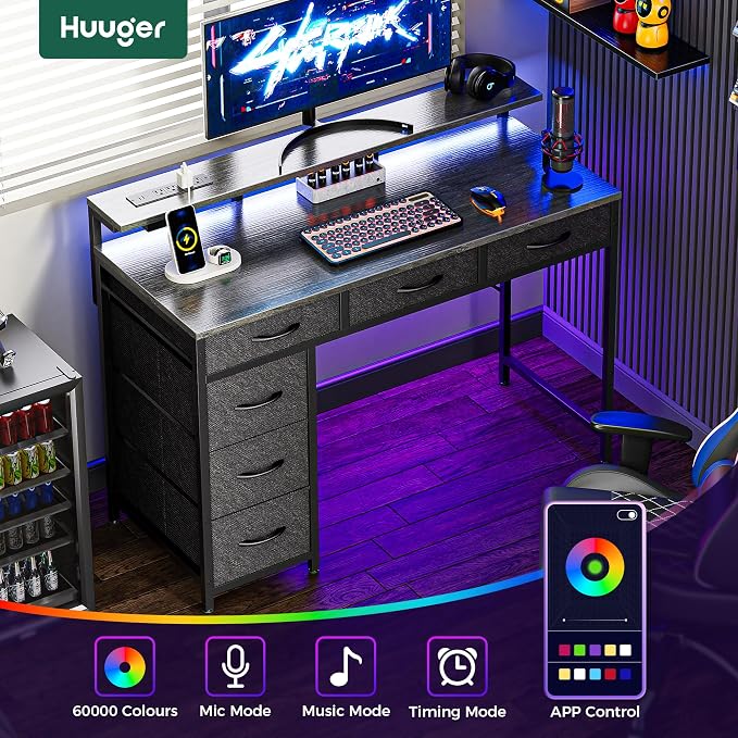 Huuger Gaming Desk with 6 Drawers, Computer Desk with LED Lights Power Outlets and Type-C, 39 Inch Office Desk with Storage, Monitor Stand, Writing & Work Desk for Home Office, Bedroom, Grey - Image 4