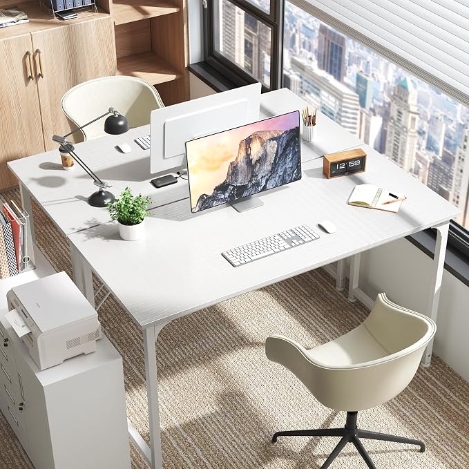 Huuger Computer Desk, 55 Inch Home Office Desk, Gaming Writing Work from Home Study Desk, Large Legroom, Sturdy Metal Frame, Modern Simple, White - Image 6