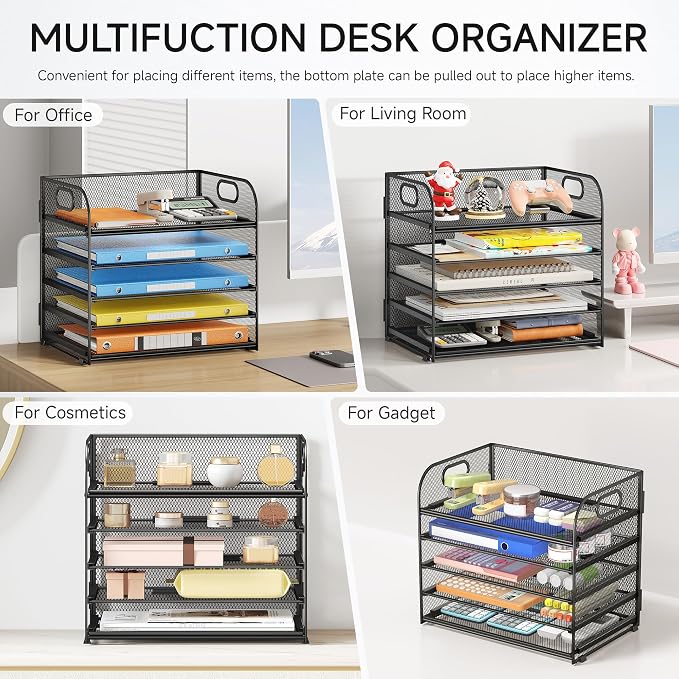 Lavatino 5 Tray Desk File Organizer, Black Mesh Paper Sorter Letter Tray Organizer with Handle, Desktop File Organizer and Storage for Letter/A4 Office File Folder - Image 5