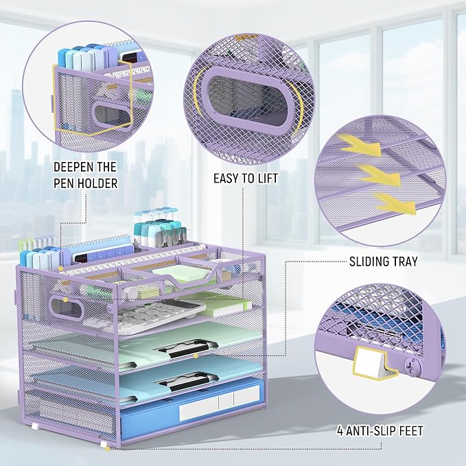 Docnest 5 Tier Mesh Desk Organizer with Removable Tray&Pen Holder, Purple | Features 3 detachable pen holders and 4 removable dividers.Versatile mesh desktop storage for mail, document,office supplie - Image 5