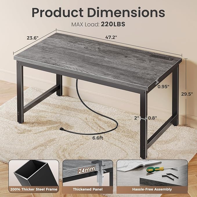 Huuger 48 x 24 inch Desk with Power Outlets & USB-C, Deeper & Thicker Desktop, Robust Metal Tubes, Computer Desk, Heavy Duty Office Desk, Work Gaming Desk for Home Office, Grey - Image 2