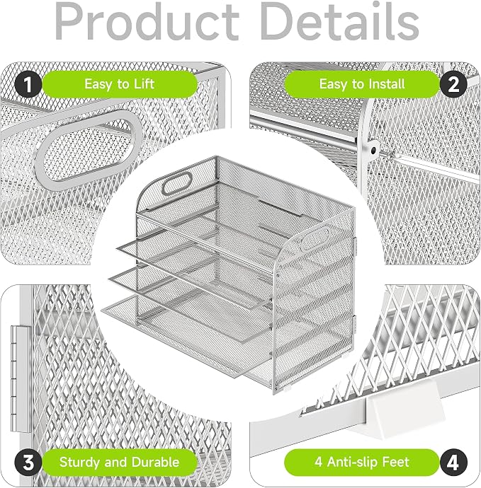 Cawukege 5 Tier Paper Organizer with Handle, Silver Metal Mesh Desk Organizer File Folder Paper Letter Tray Desktop Document Sorter for Classroom, School, Office Accessories Organization and Storage - Image 4