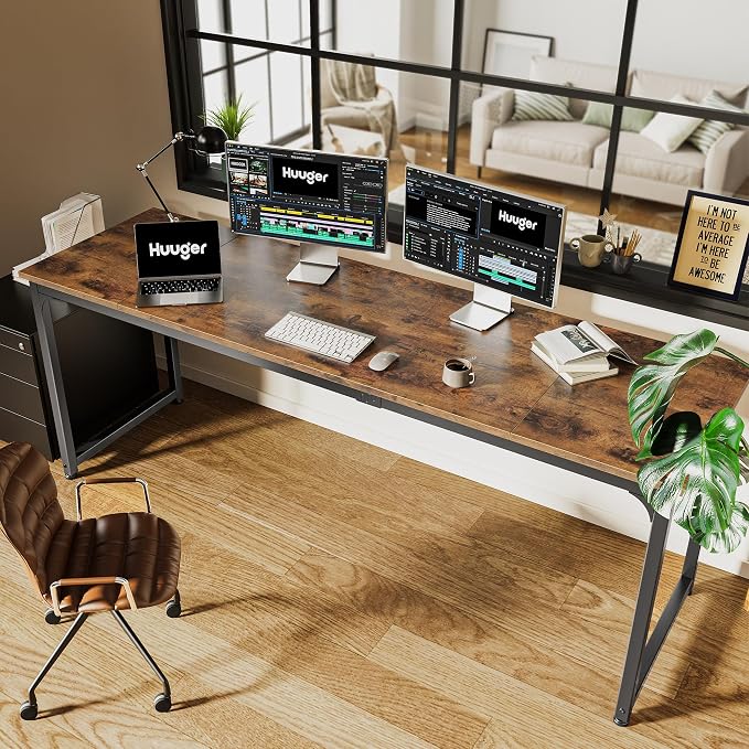 Huuger Computer Desk, 80 Inch Office Desk, Gaming Desk with Storage, Writing Desk Work Desk for Home Office, Study, Long Simple Desk, Large Legroom, Metal Frame, Rustic Brown - Image 6