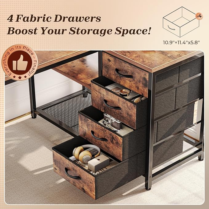 PRAISUN 43.3" Small Computer Desk with Power Outlets & USB-C Port, Reversible L Shaped Corner Office Desk with 4 Fabric Drawers and 2 Adjustable Storage Shelves, for Gaming Writing, Rustic Brown - Image 6
