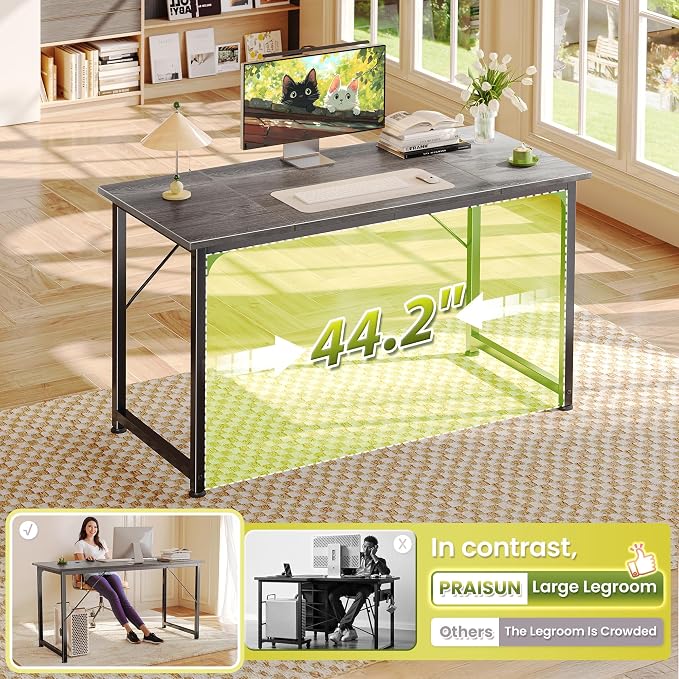 PRAISUN 47 Inch Computer Desk, Home Office Desk with Spacious Desktop, Grey | Modern Gaming Desk for Bedroom, Study, Work, Gaming & Writing, Large Legroom, Sturdy Metal Frame - Image 5