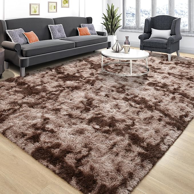 Tepook 8x10 Area Rugs for Living Room Bedroom, Soft Fluffy Plush Shaggy Girls Boys Kids Room Rug, Shag Upgrade Non-Slip Throw Carpet for Dorms Nursery Classroom Home Decor, Tie-Dyed Brown - Image 2
