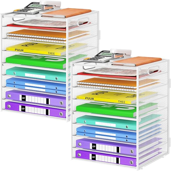 Cawukege 9 Tier Paper Organizer with Handle, Large Capacity Desk Organizer Mesh Paper Letter Tray File Folder Document Sorter for Classroom and Office Accessories Organization- White (2 Pack) by Cawukege