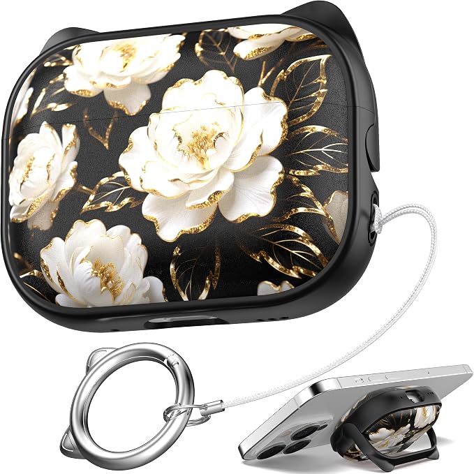 for AirPods Pro 2 Case with Cleaning Kit, Cute Cat Ear Print Design & Cute Buckle for Girls, Phone Holder & Top Safe Lock Buckle Design for AirPods Pro 2nd/1st Gen case, Black Peony by MHYALUDO