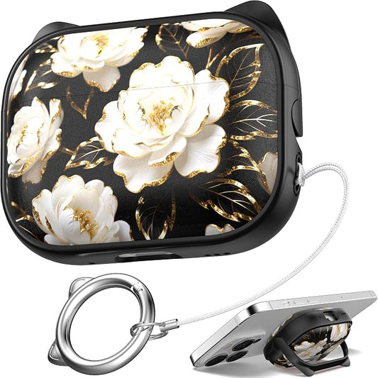 for AirPods Pro 2 Case with Cleaning Kit, Cute Cat Ear Print Design & Cute Buckle for Girls, Phone Holder & Top Safe Lock Buckle Design for AirPods Pro 2nd/1st Gen case, Black Peony by MHYALUDO