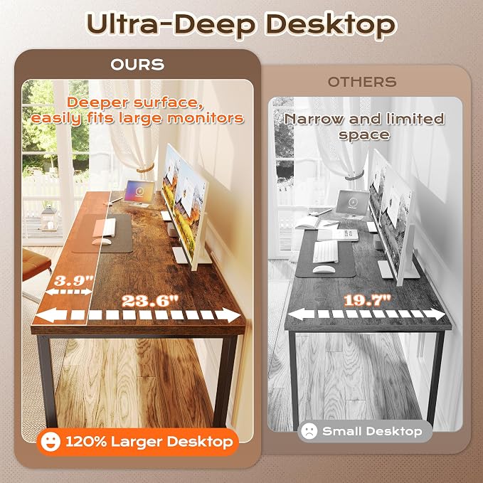 Huuger 63 x 24 inch Desk with Power Outlets & USB-C, Deeper & Thicker Desktop, Robust Metal Tubes, Computer Desk, Heavy Duty Office Desk, Work Gaming Desk, for Home Office, Rustic Brown - Image 7