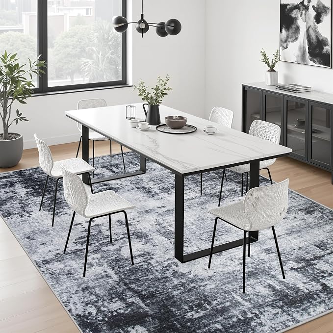 5x5 Area Rug Living Room Rug: Washable Modern Abstract Soft Thin Rug Indoor Floor No Slip Stain Resistant Carpet for Bedroom Dining Room Farmhouse Nursery Home Office - Dark Black - Image 4