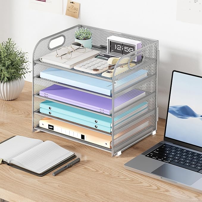 Cawukege 5 Tier Paper Organizer with Handle, Silver Metal Mesh Desk Organizer File Folder Paper Letter Tray Desktop Document Sorter for Classroom, School, Office Accessories Organization and Storage - Image 7