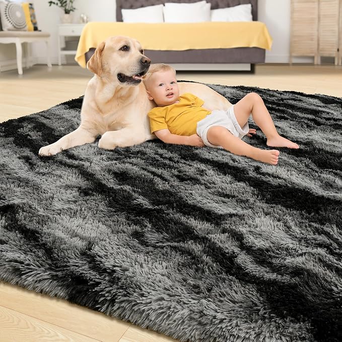 Tepook Area Rugs 9x12 for Living Room, Super Soft Fluffy Rugs for Bedroom, Modern Shaggy Rug Fuzzy Carpets for Kids, Plush Indoor Nursery Home Decor Rug with Non-Slip Bottom, Black Grey - Image 4