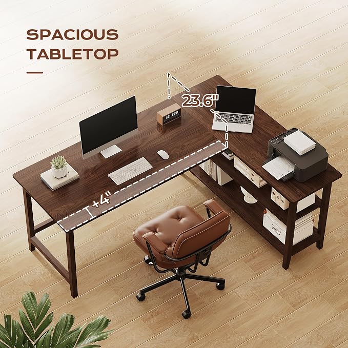 IOTXY Reversible L-Shaped Office Desk - 63" Extra Large Corner Computer Table with Storage Shelves, Solid Wood Legs, Home Writing & Study Workstation, Walnut - Image 7