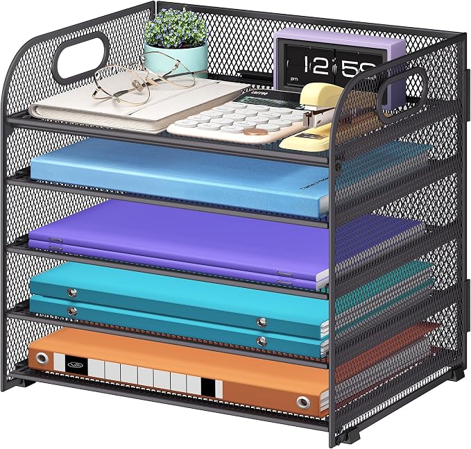 Cawukege 5 Tier Paper Organizer with Handle, Grey Metal Mesh Desk Organizer File Folder Paper Letter Tray Desktop Document Sorter for Classroom, School, Office Accessories Organization and Storage by Cawukege