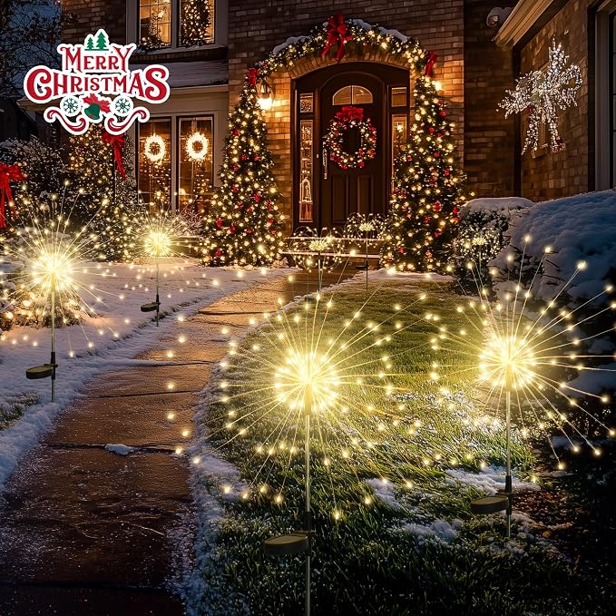 GIGALUMI Garden Decor Outdoor Lights 120LED 4Pack, Solar Garden Lights Outside Fairy Firework Decorative,Solar Powered for Yard Pathway Flowerbed Planter Balcony Patio, Gifts for mom(Warm White - Image 3