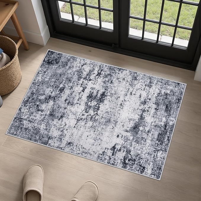 Washable Area Rug 2x3 Entryway Rug: Washable Modern Abstract Soft Thin Rug Indoor Floor No Slip Stain Resistant Carpet for Bedroom Dining Room Farmhouse Nursery Home Office - Grey by FXRHLP
