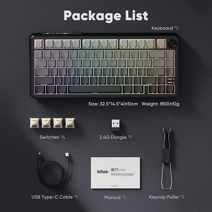 RedThunder K75 Wireless Mechanical Gaming Keyboard, 75% Hot Swappable Creamy Keyboard with Knob, RGB Backlit, Pre-lubed Linear Switches, Side Engraved PBT Keycaps, Wireless/Wired/BT5.0, Gradient Gray - Image 8