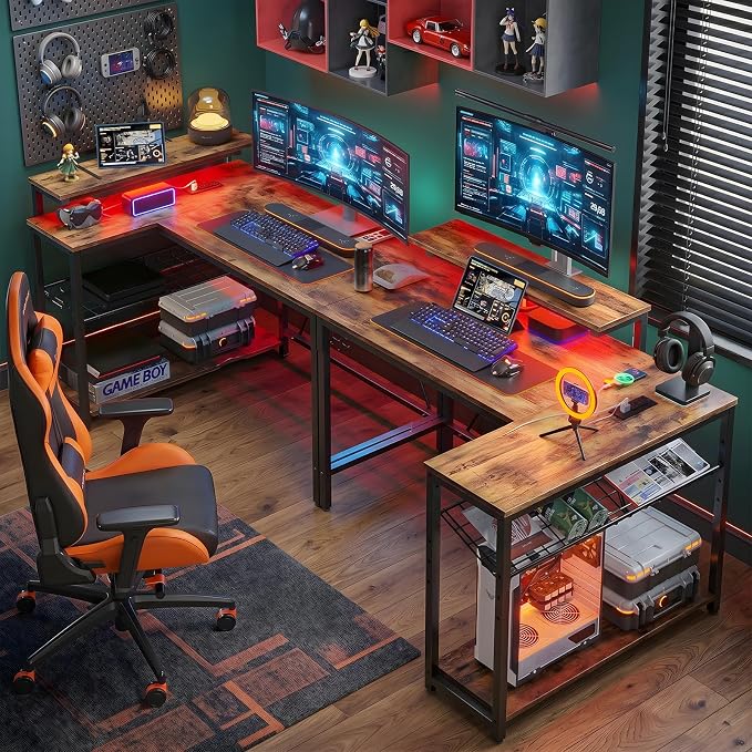 Bestier 42-Inch L-Shaped Gaming Desk with Charging & LED, Rustic Brown | Charging 2AC+USB+Type-C, RGB LED 7 Colors/20 Modes, Reversible Storage Shelves, 3D Carbon Fiber, Headphone Hook, Small Space - Image 4