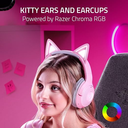 Razer Kraken Kitty V2 BT Wireless RGB Headset, Pink | Chroma RGB Kitty Ears & Earcups, Bluetooth 5.2, 40 mm Drivers, Noise-cancelling Mics, Lightweight, USB-C, 40 Hr Battery - Image 2