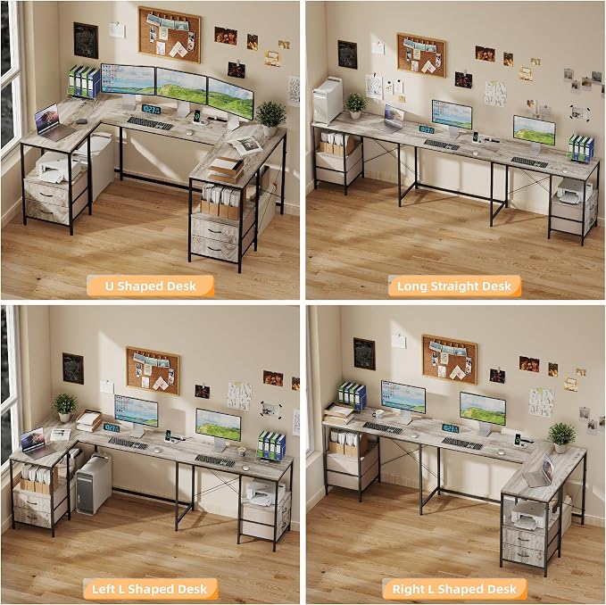 YOSHOOT 67" U Shaped Computer Desk, Reversible L Shaped Gaming Desk | Corner Desk with Power Outlets, 4 Drawers, 2 Storage Shelf, Computer Table with 4 Installation Methods, Grey - Image 4