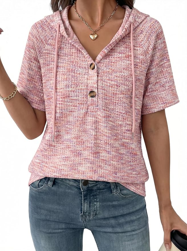 Dokotoo Womens Summer Tops 2026 Short Sleeve Button V Neck Waffle Knit Lightweight Drawstring Hoodies Casual Blouses Shirts by Dokotoo