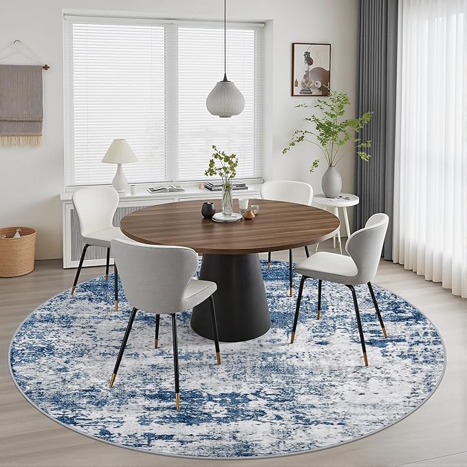 Round Area Rug for Living Room: 6 ft Washable Modern Abstract Soft Thin Rug Indoor Floor No Slip Stain Resistant Carpet for Bedroom Dining Room Farmhouse Nursery Home Office - Blue - Image 3