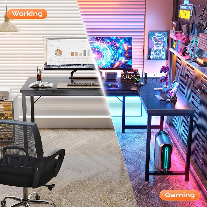 Huuger 55 Inch L Shaped Desk with Power Outlets and USB-C Port, Reversible Computer Desk, Larger Office Corner Gaming Desk, 0.95 Inch Thicker Desktop, Metal Frame, for Home Office, Study, Black - Image 6