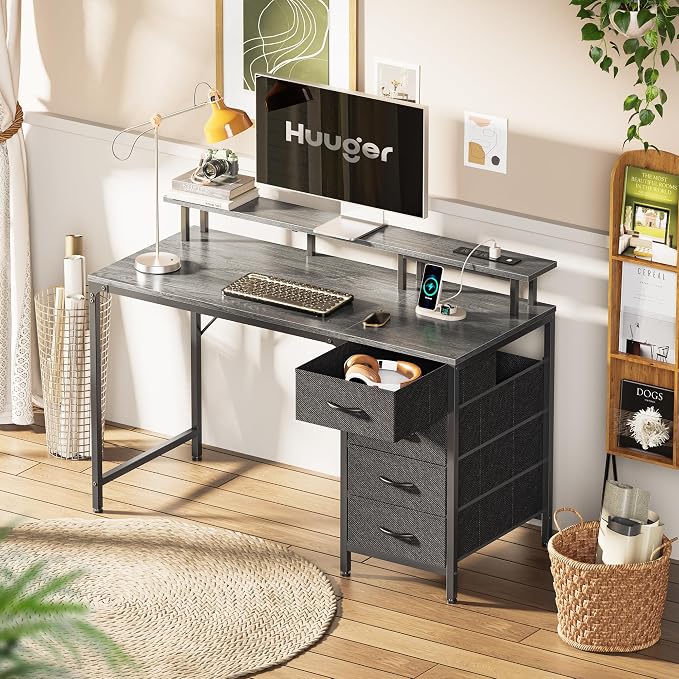 Huuger 47 Inch Computer Desk with Power Outlets and LED Lights, Gaming Desk with 4 Drawers, Office Desk with Monitor Stand, Study Desk Work Desk for Home Office, Small Spaces, Gray - Image 8