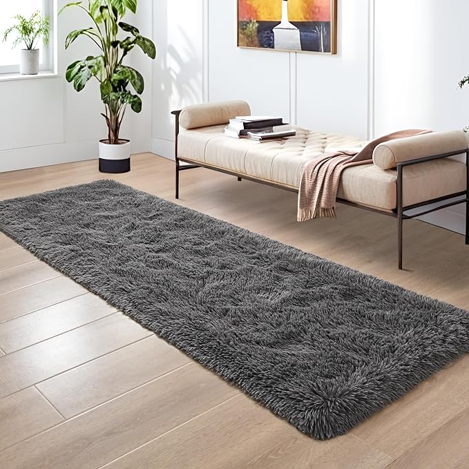 Tepook Fluffy Runner Rugs for Bedroom Aesthetic 2x6 Feet, Shag Soft Bedside Rug with Non-Slip Bottom, Fuzzy Plush Carpet for Room, Hallway Rug for Nursery Dorm Indoor Home Decor, Dark Grey - Image 3