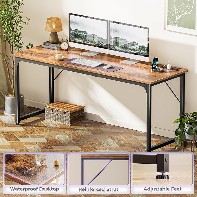 PRAISUN 70 X 24 Inch Computer Desk, Power Outlets, USB-C, Rustic Brown | Office Desk with 4 AC Outlets, USB & USB-C, Sturdy Metal Frame, Spacious Desktop for Work, Writing, Study & Gaming - Image 8