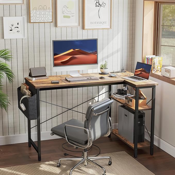 TIQLAB L Shaped Computer Desk with Power Outlets, 55 Inch Small Corner Desk with Reversible Shelves, Gaming Desk Computer Table Study Writing Desk for Home Office Small Space, Rustic Brown - Image 9