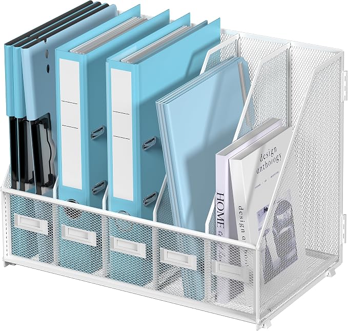 SUPEASY Desk Organizers Metal Desk Magazine File Holder with 5 Vertical Compartments Rack File Organizer for Office Desktop, Classroom, Home Workspace, White Plus by SUPEASY
