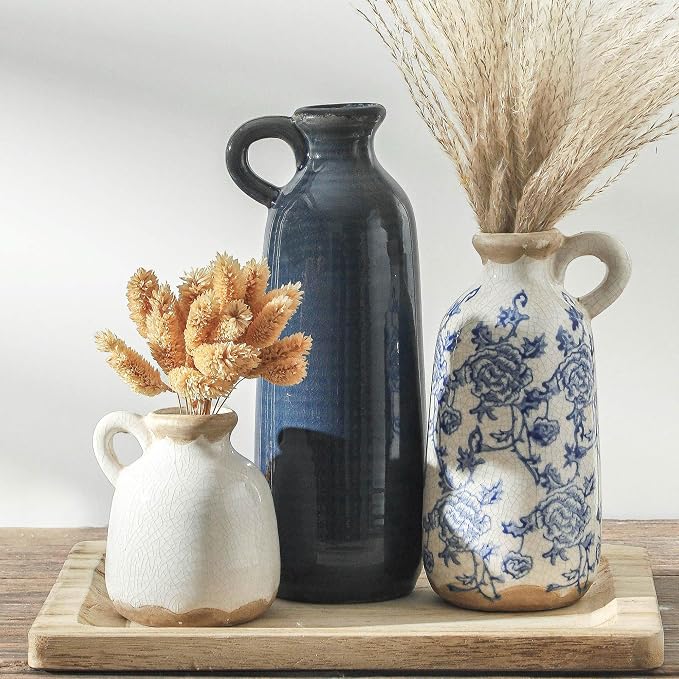 Ceramic Vase Set of 3 with Handle, Vintage Rustic Vases Home Decor Farmhouse Decorative Vase Pottery Decor Modern for Table Mantel Entryway Bookshelf Living Room Kitchen Bedroom - Blue by ooit