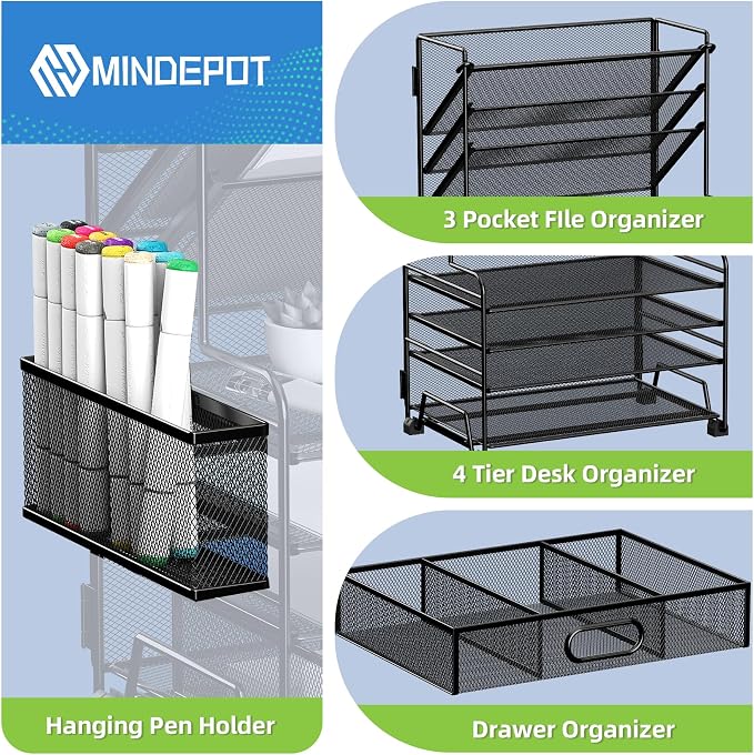 MINDEPOT 4-Tier Paper Organizer + 3-Pocket File Holder + Drawer + Pen Holders, Desktop File Organizers Paper Tray for Office Supplies School Classroom Organization (White, with Drawer & Pen Holder) - Image 4