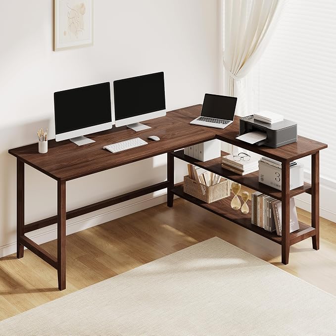 IOTXY Reversible L-Shaped Office Desk - 63" Extra Large Corner Computer Table with Storage Shelves, Solid Wood Legs, Home Writing & Study Workstation, Walnut by IOTXY