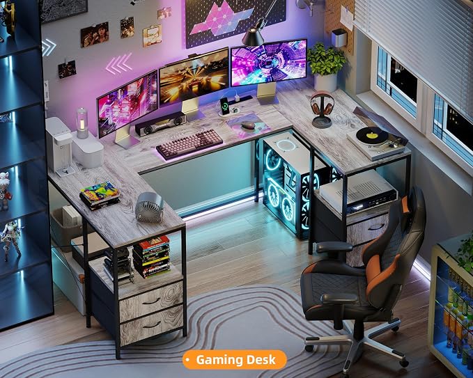 YOSHOOT 67" U Shaped Computer Desk, Reversible L Shaped Gaming Desk | Corner Desk with Power Outlets, 4 Drawers, 2 Storage Shelf, Computer Table with 4 Installation Methods, Grey - Image 8