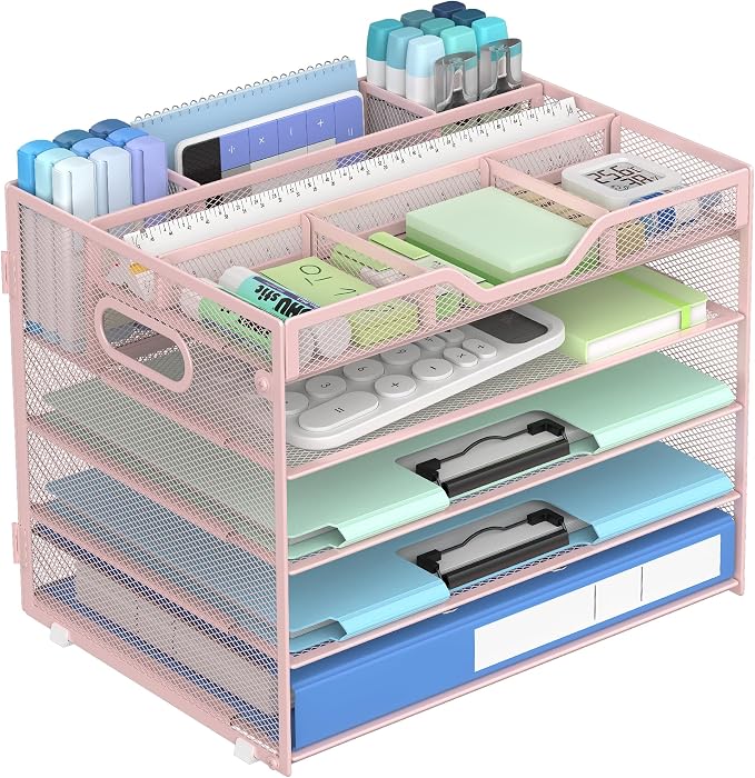 Docnest 5 Tier Mesh Desk Organizer with Removable Tray&Pen Holder, Pink | Features 3 detachable pen holders and 4 removable dividers.Versatile mesh desktop storage for mail, document,office supplie by DocNest
