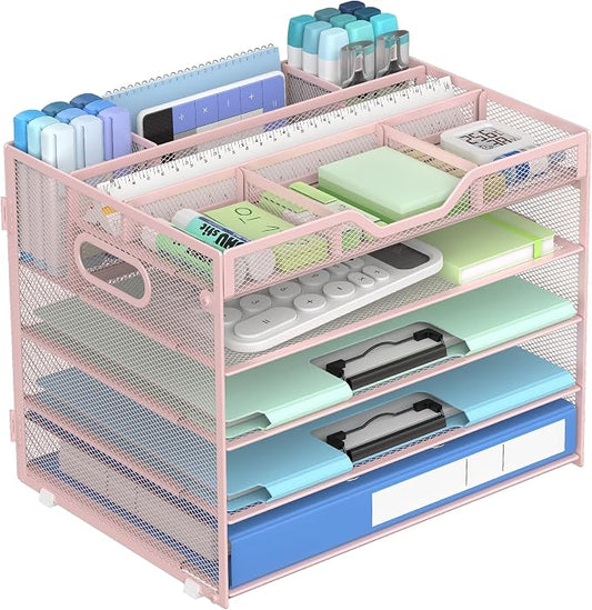 Docnest 5 Tier Mesh Desk Organizer with Removable Tray&Pen Holder, Pink | Features 3 detachable pen holders and 4 removable dividers.Versatile mesh desktop storage for mail, document,office supplie by DocNest